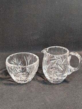 Clear Crystal Cut Sugar Bowl & Creamer Pitcher set Pinwheel design.